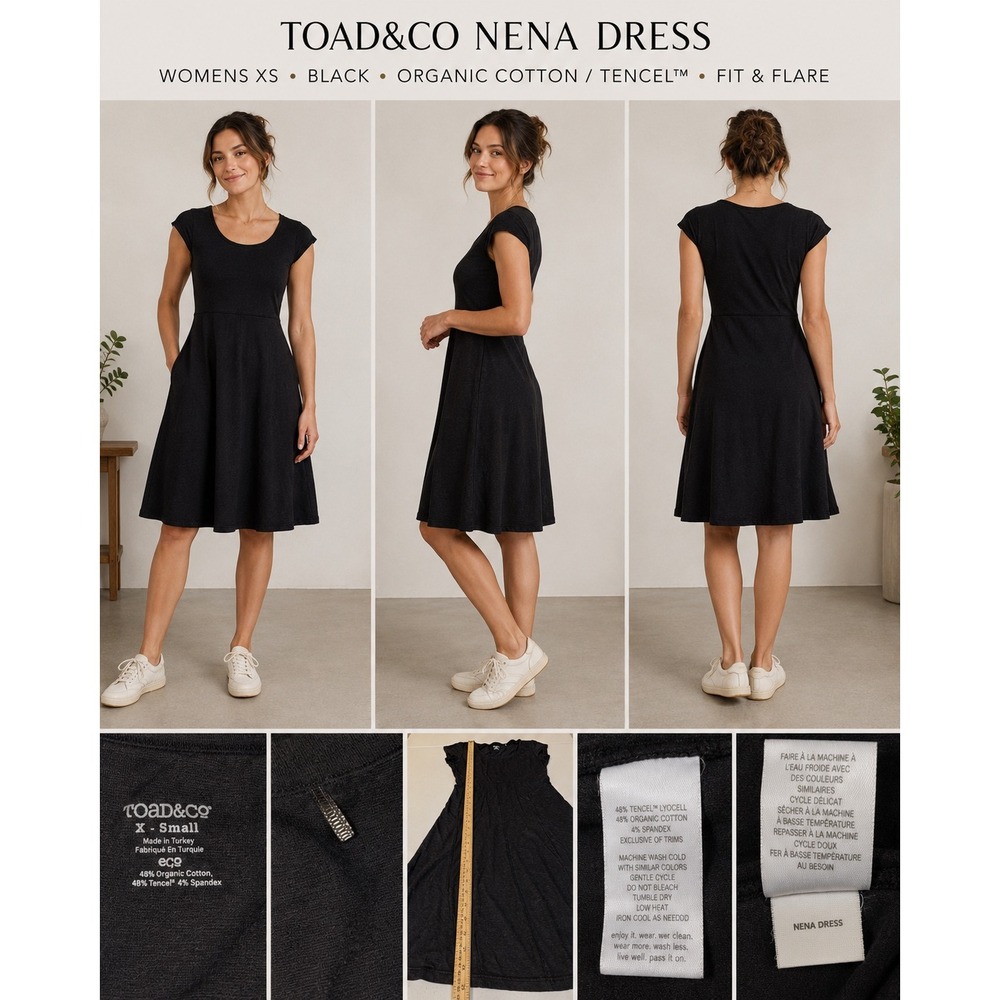 Toad&Co Nena‎ Dress Black Organic Cotton Tencel Fit & Flare XS T1772507